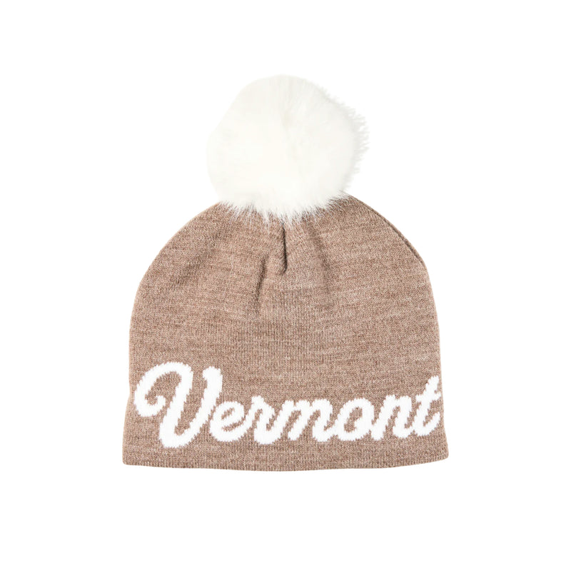 4T2D Vermont Cursive Midi Faux Fur Pom Beanie - Brown