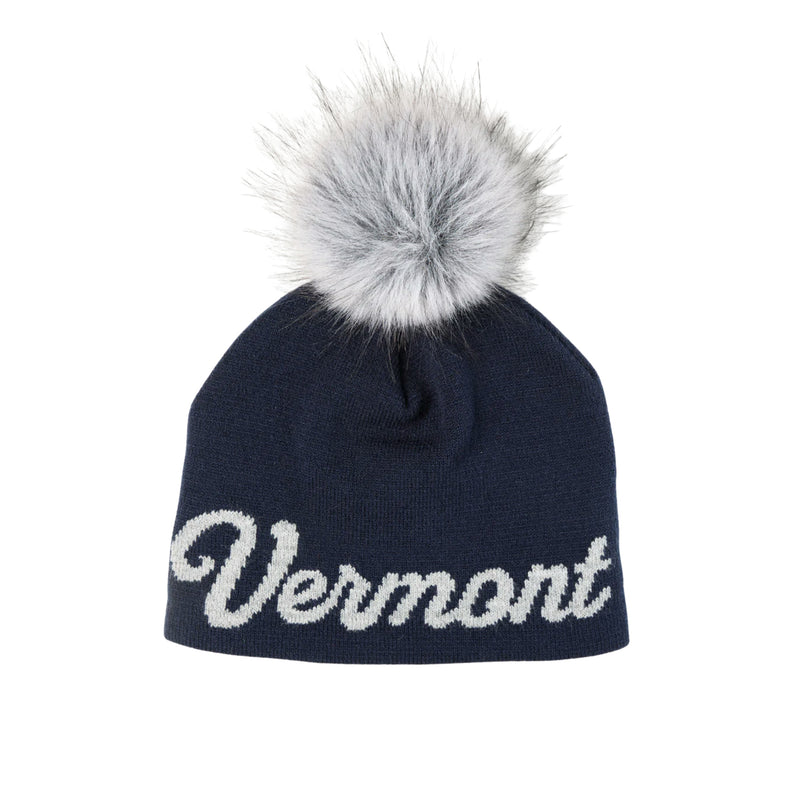 4T2D Vermont Cursive Midi Faux Fur Pom Beanie - Navy