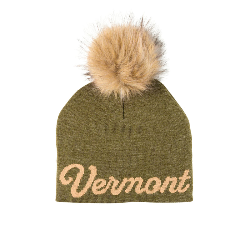 4T2D Vermont Cursive Midi Faux Fur Pom Beanie - Olive