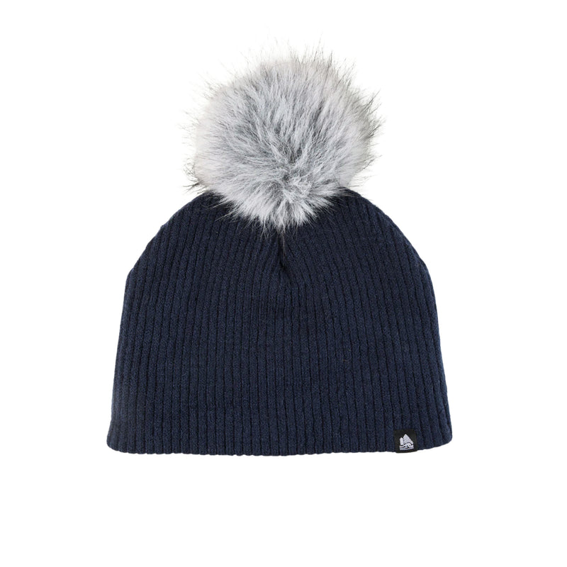 4T2D Chunky Rib Midi Faux Fur Pom Beanie - Navy
