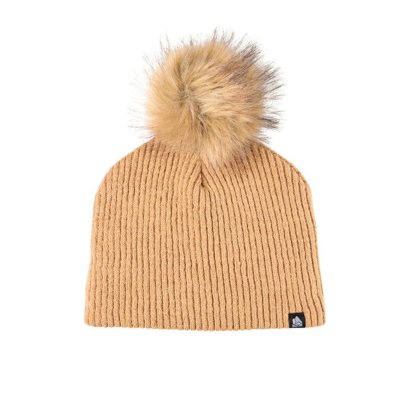 4T2D Chunky Rib Midi Faux Fur Pom Beanie - Tan