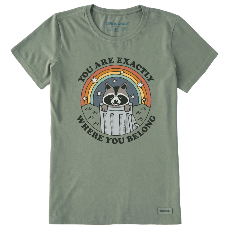 Life Is Good Women's Where You Belong Raccoon Short Sleeve Crusher Tee - Moss Green