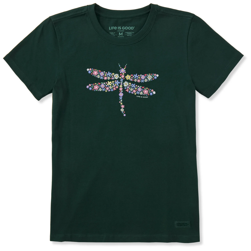 Life Is Good Women's Dragonfly Flowers Short Sleeve Tee - Treeline Green
