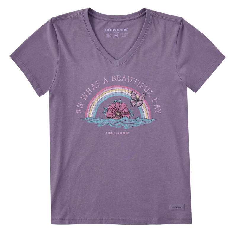Life Is Good Women's Oh What A Beautiful Day Rainbow Waves Short Sleeve Crusher Vee - Dusk Purple