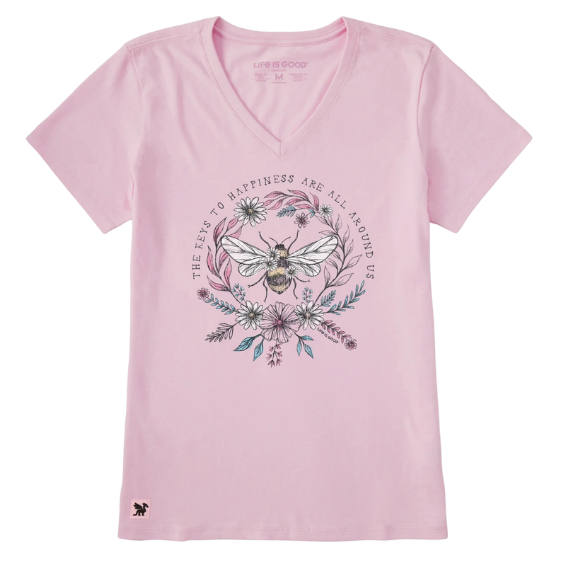Life Is Good Women's Keys To Happiness All Around Us Bee Short Sleeve Crusher Vee - Seashell Pink