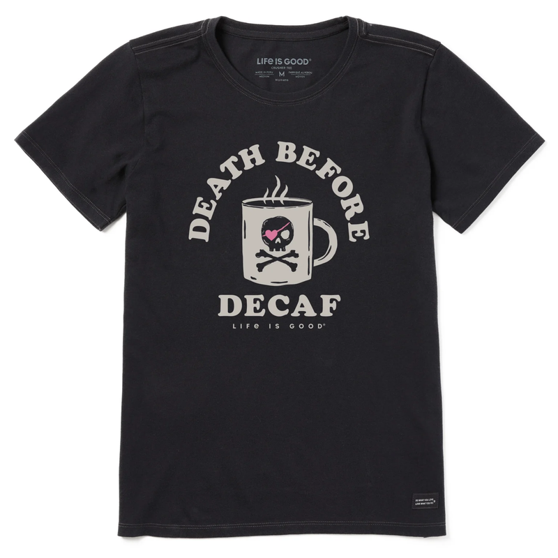 Life Is Good Women's Death Before Decaf Jolly Roger Short Sleeve Crusher Tee - Faded Black