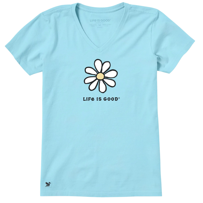 Life Is Good Women's Single Daisy Short Sleeve Crusher Lite Vee - Aqua Blue