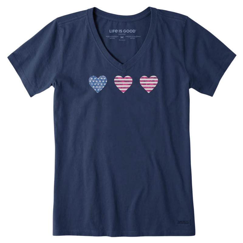 Life Is Good Women's Three American Hearts Short Sleeve Crusher Vee - Darkest Blue