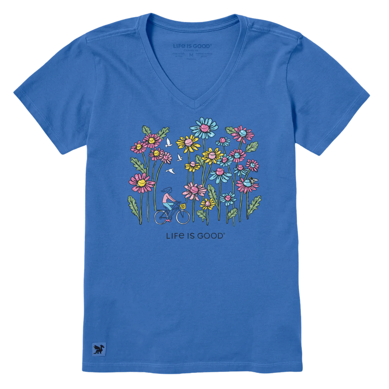 Life Is Good Women's Biking with Doves and Daisies Short Sleeve Crusher- Lite Vee - Athletic Blue