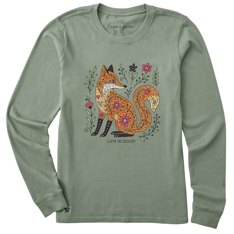 Life Is Good Women's Patchwork Fox Long Sleeve Crusher Tee - Moss Green