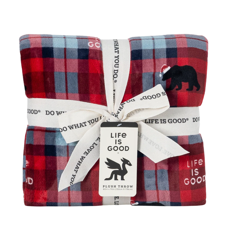 Life Is Good Santa Bear Plaid Plush Throw Blanket - Multi