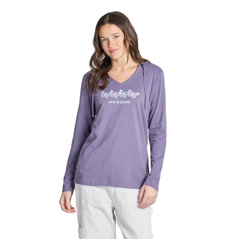 Life Is Good Women's Rally Butterflies Long Sleeve Crusher-LITE Hooded Tee - Dusk Purple