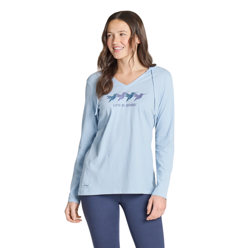 Life Is Good Women's Rally Hummingbirds Long Sleeve Crusher-LITE Hooded Tee - Glacier Blue