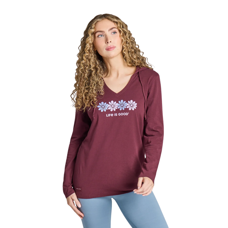 Life Is Good Women's Rally Daisies Long Sleeve Crusher-LITE Hooded Tee - Deep Burgundy