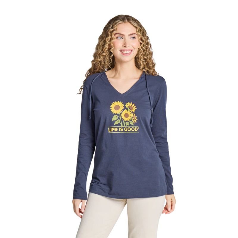 Life Is Good Women's Sunflower Field Long Sleeve Crusher-LITE Hooded Tee - Inkwell Blue