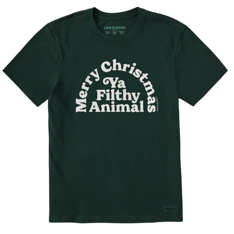 Life Is Good Men's Merry Christmas Ya Filthy Animal Arch Short Sleeve Crusher Tee - Treeline Green