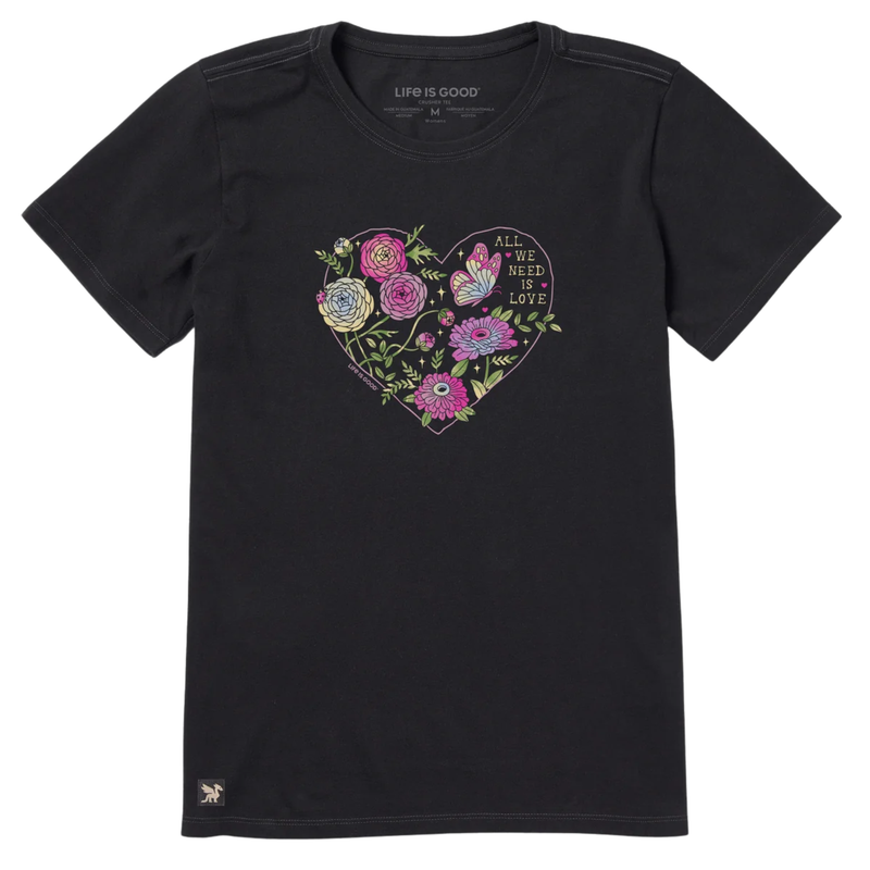 Life Is Good Women's All We Need Is Love and Blooms Short Sleeve Crusher Lite Tee - Faded Black