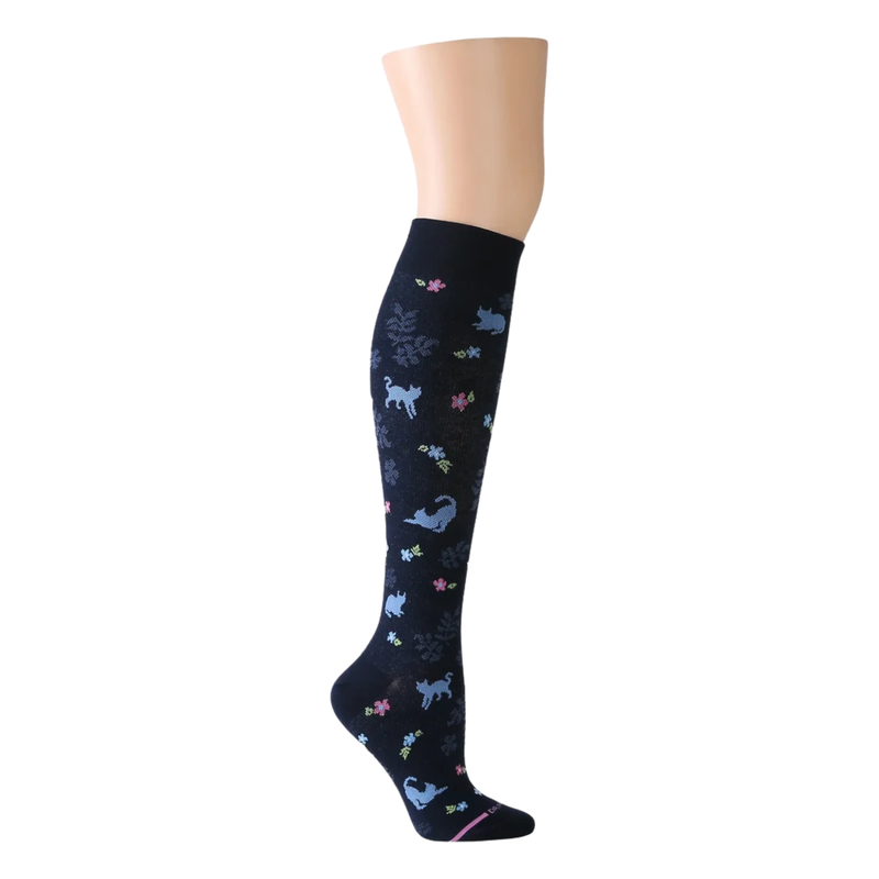 Dr. Motion Women's Cat Floral Knee High Compression Socks - Navy