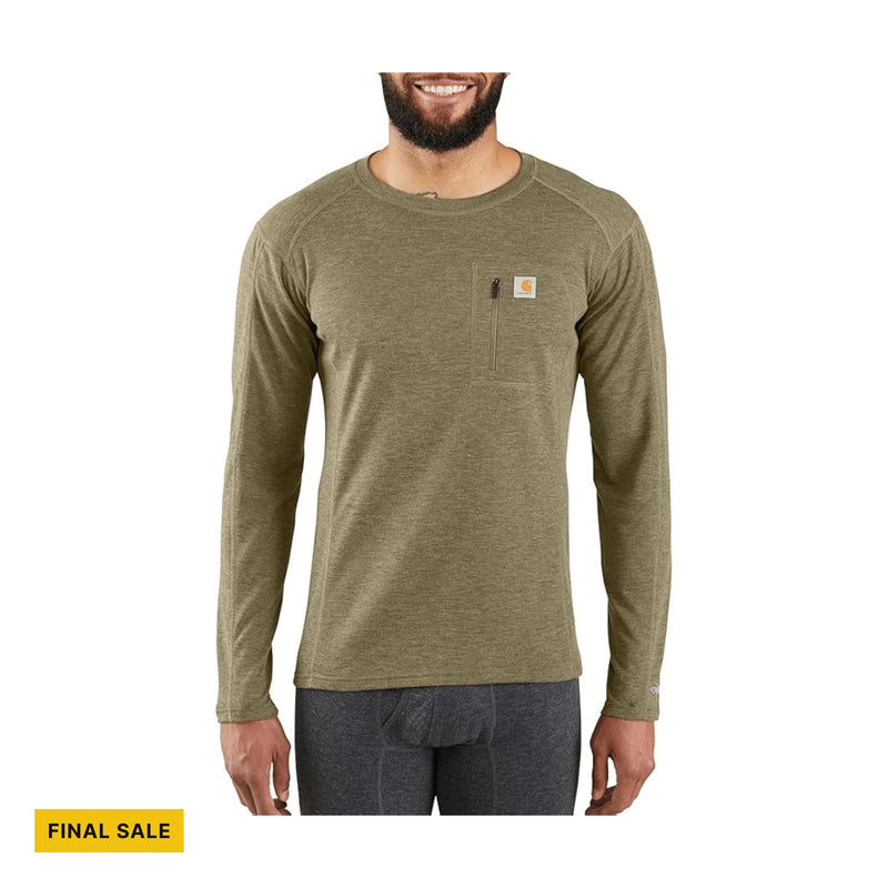 Carhartt Men's Force Midweight Synthetic Wool Blend Base Layer Crewneck Pocket Top - Burnt Olive Heather
