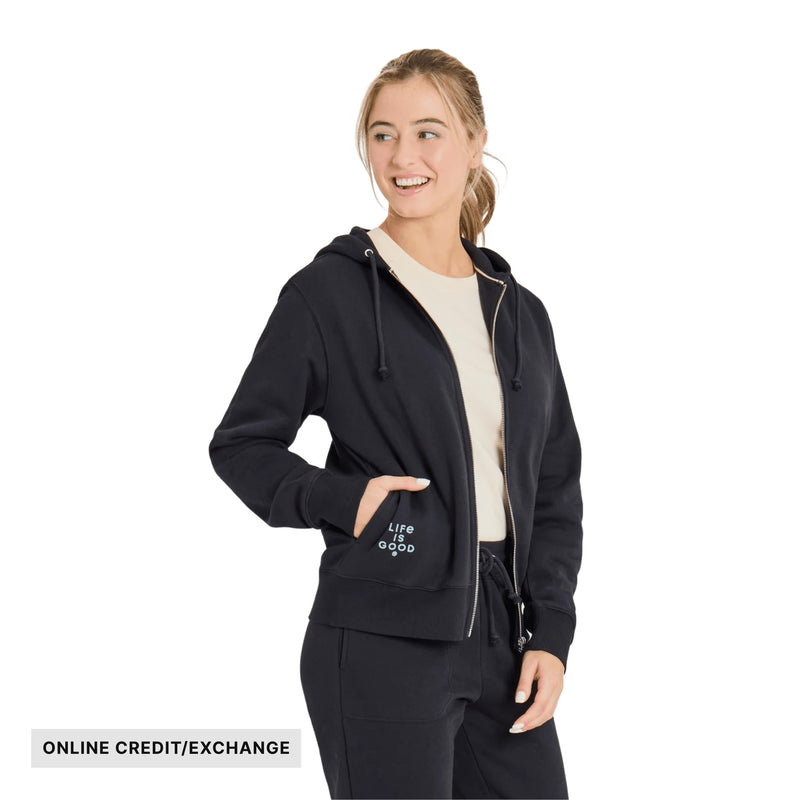 Life Is Good Women's Crafty LIG Stacked Good Vibes Fleece Zip Hoodie - True Black