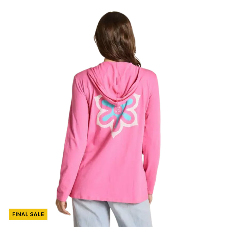 Life Is Good Women's Flower Symmetry Long Sleeve Crusher Lite Hooded Tee - Watermelon Pink