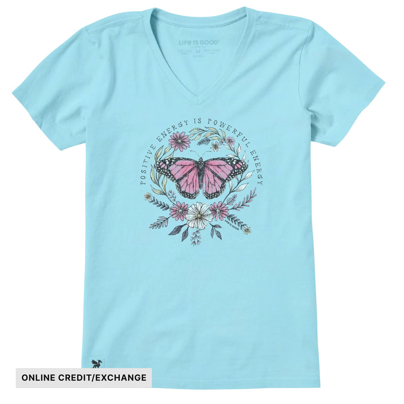 Life Is Good Women's Positive Powerful Energy Butterfly Short Sleeve Crusher Vee - Aqua Blue