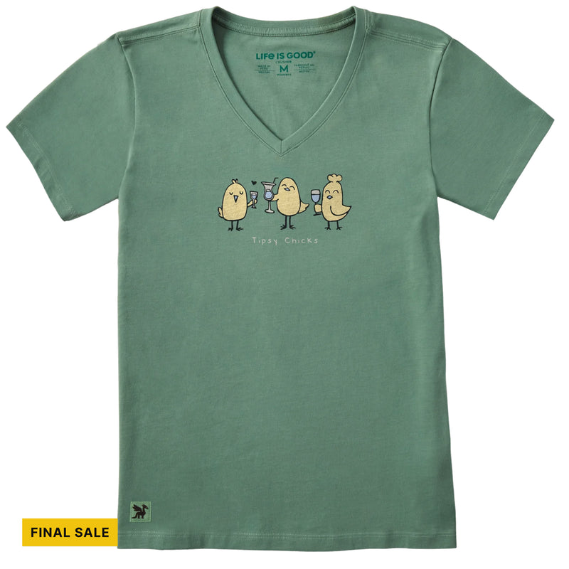 Life Is Good Women's Three Tipsy Chicks Short Sleeve Crusher Lite Vee - Granite Green