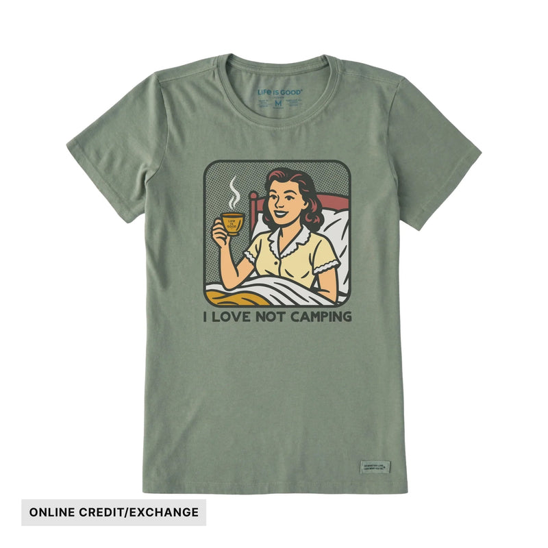 Life Is Good Women's Bert's Shirts I Love Not Camping Short Sleeve Crusher Tee - Moss Green