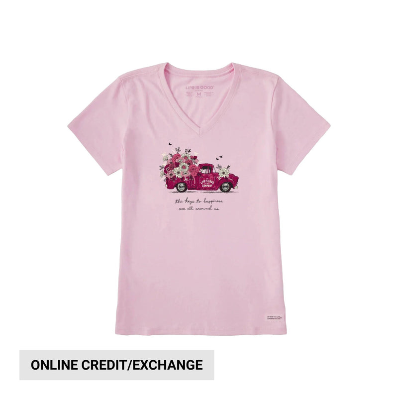 Life Is Good Women's Key To Happiness Floral Pickup Short Sleeve Crusher Vee - Seashell Pink
