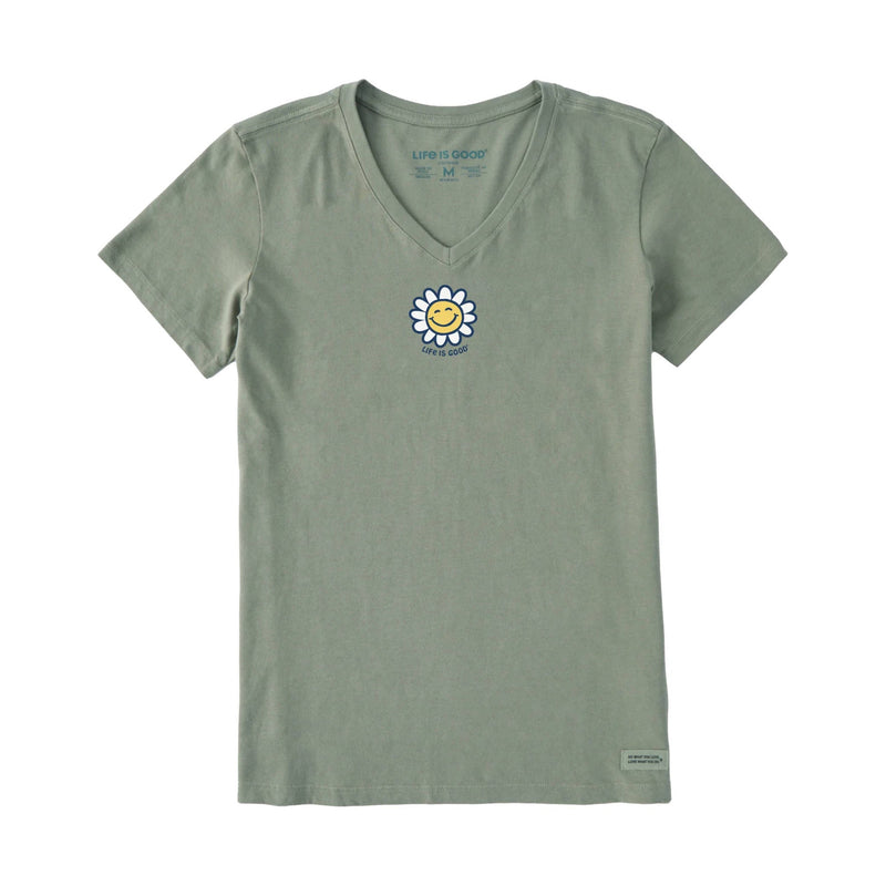 Life Is Good Women's Smile Daisy Short Sleeve Crusher Vee - Moss Green
