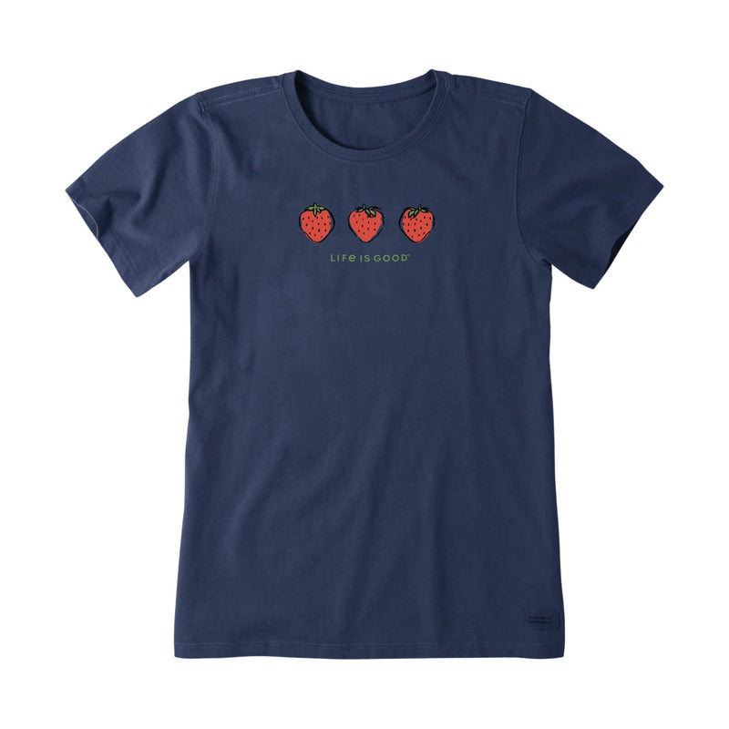 Life Is Good Women's Three Strawberries Short Sleeve Crusher Tee - Darkest Blue