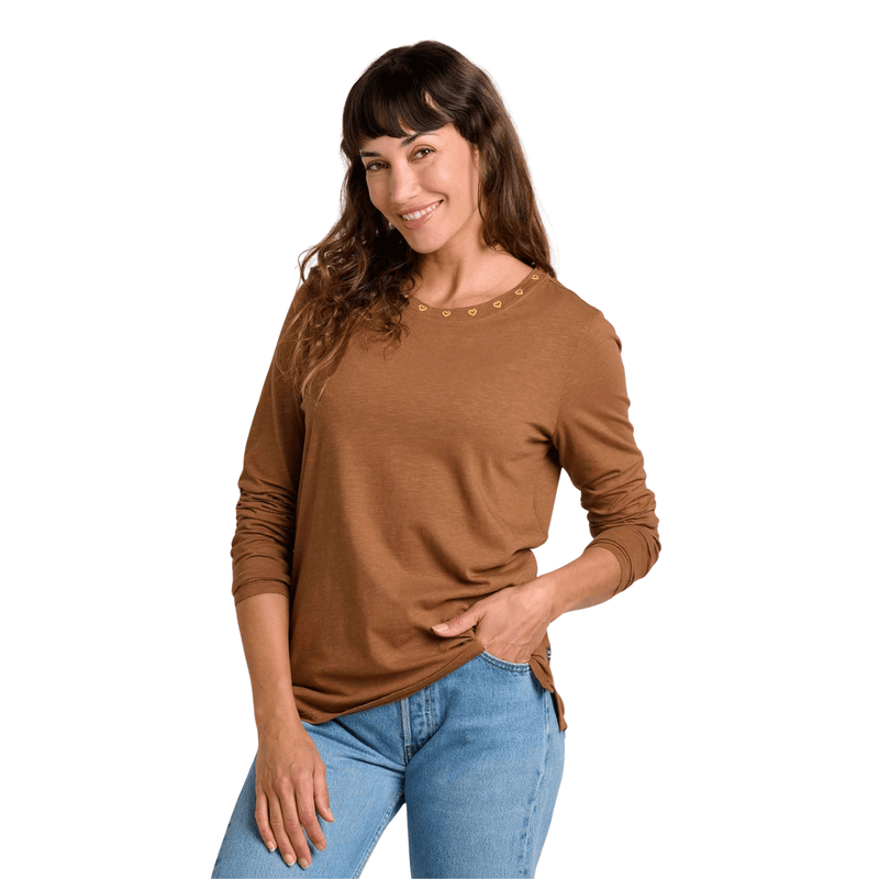 Toad & Co Women's Primo Long Sleeve Crew Embroidered Top - Brown Sugar