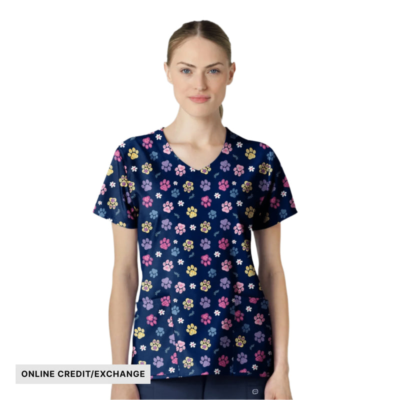 Wink Women's Fashion Prints V Neck Scrub Top - Springtime Stroll Navy