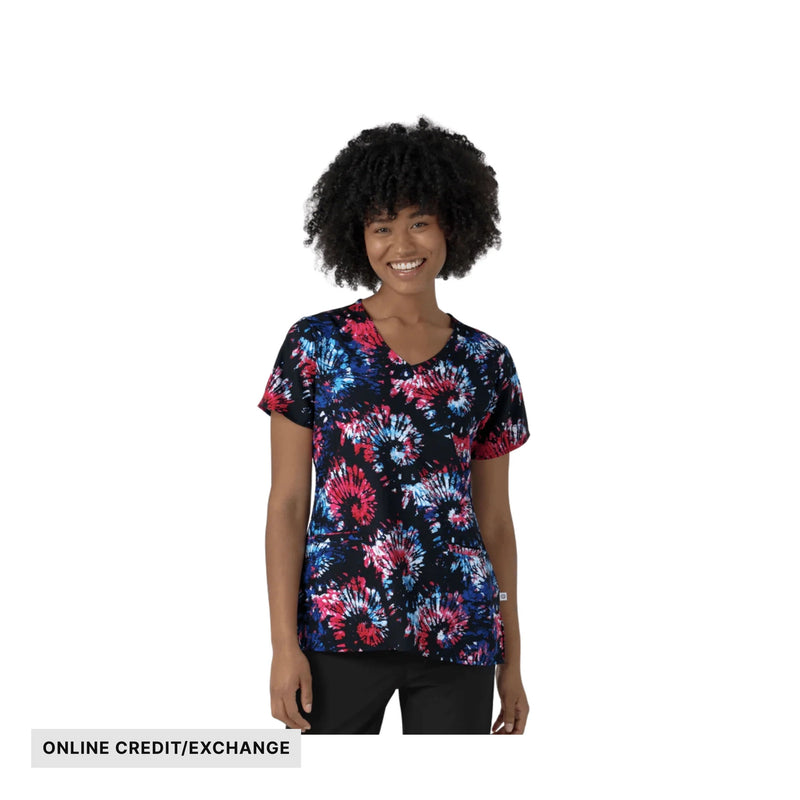 Wink Women's V Neck Border Print Scrub Top - Freedom Sparkle Black